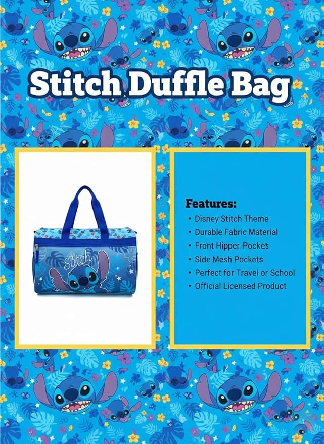 Disney Stitch Kids’ Duffle Bag – Lilo & Stitch Travel Gym Bag with Adjustable Strap, Mesh Side Pockets & Zipper Pocket