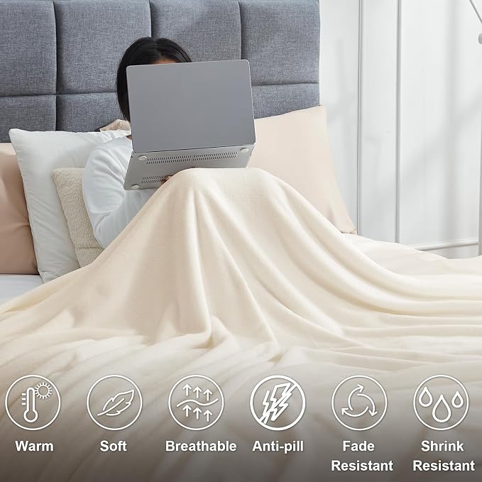 Hansleep Twin Beige Fleece Blanket, Soft Flannel Bed Blanket | Fuzzy Cozy Blanket 60x80 Inches, Multi-use for Bed, Sofa, Couch, Travel, Camping, All Season Warm Lightweight Cover
