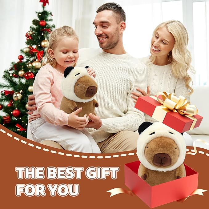 Cute Capybara Plush Wear Panda Hat, Kawaii Soft Capybara Plushie Pillow, 14 inch Capybara Stuffed Animal Hugging Gifts for Kids Adults (Panda Capybara)