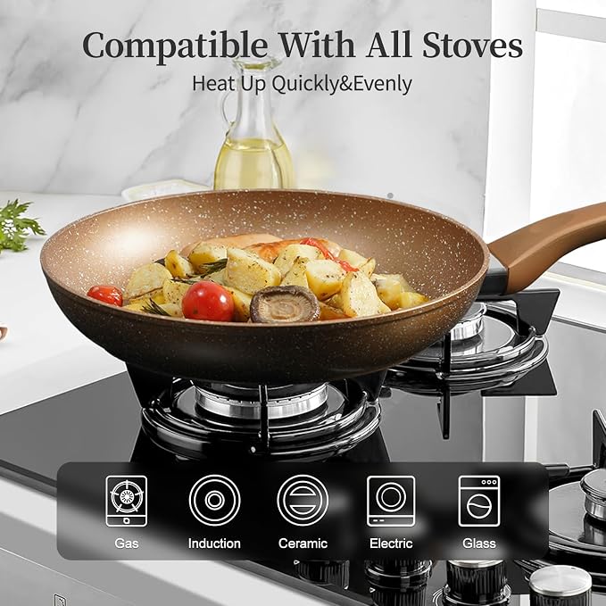 Innerwell 11-Inch Nonstick Frying Pan Small Egg Pan Skillet | Even Heating All Stove Compatible, PFOA PFOS Free, Granite Stone Cookware Skillet, Healthy and Non Toxic, Gold