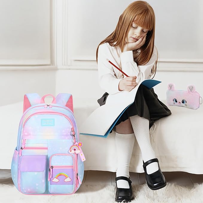 Rainbow Backpack For Girls Kids,Cute Student School Backpack With Pen Bag,Aesthetic Starry Rainbow Laptop Travel Bag