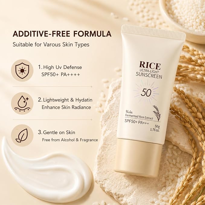 2PCS Rice Face Moisturizing with Spf50+, New Rice Ultra-Light Sunscreen, Rice Sunscreen Mineral Formula, Effectively Protects Against UV Rays, Waterproof and Non-Whitening, Suitable for all Skin Types