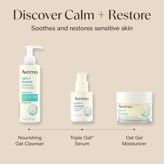 Aveeno Calm + Restore Nourishing Oat Cleanser, Daily Hydrating Facial Cleanser & Face Wash for Sensitive Skin, Non-Foaming, Hypoallergenic, Non-Comedogenic, Fragrance-Free, with Feverfew, 7.8 fl oz