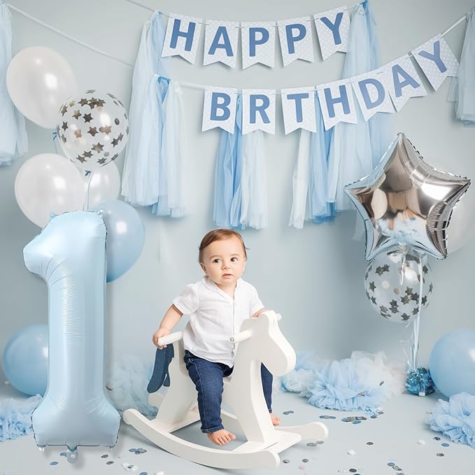Big Number 1 Balloons, Light Matte Sky Blue Foil 1 Balloon Numbers 40 Inch, Giant 1st Birthday Party Decor, Baby Powder Blue Mylar Helium One Balloon for Boys Girls Baby Shower Anniversary Decorations