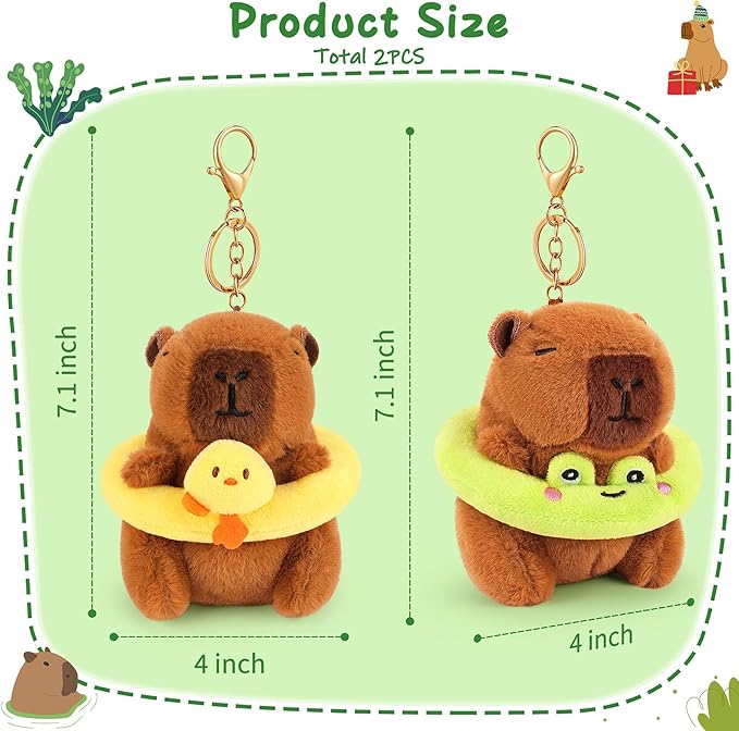 Achwishap 2PCS Capybara Plush Keychain,Cute Keychain Capybara Stuffed Animal,Soft Capybara Plush Toys Key Chain,Kawaii Plushies Stuffed Toys for Kids Adults(Frog Swimming Circle,Duck Swimming Circle)