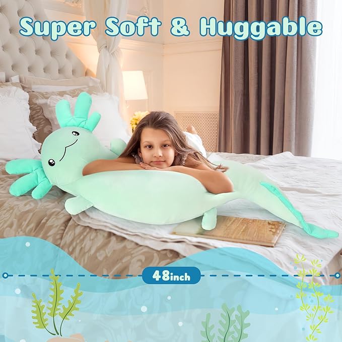 Tezituor Giant Axolotl Stuffed Animal 48 inch Long Plush Toy for Kids Adults Green Salamander Body Pillow for Girls 6-12, Axolotl-Lover Gifts Christmas Valentine's Day Easter, Glow in The Dark