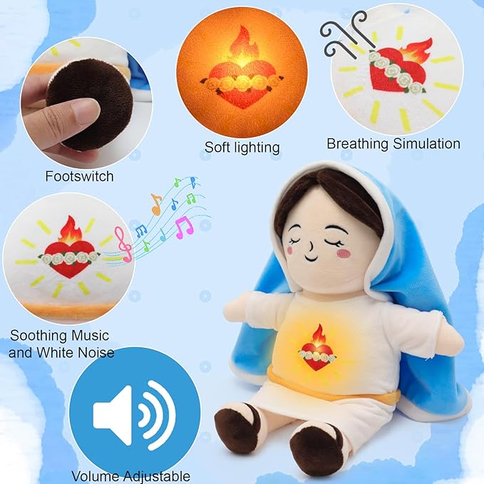 Breathing Plush Virgin Mary Doll Soothing Guardian Angel with Light & Sound,Baptism plushie Toy Gifts for Kids for Christening Religious Easter
