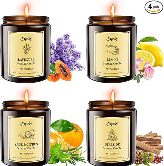 4 Pack 28oz Scented Candles, Soy Wax Jar Candles, Lemon, Lavender, Sage & Citrus, Fireside, Scented Candles for Home, Fall Candles for Women, Men, Candle Gift Set