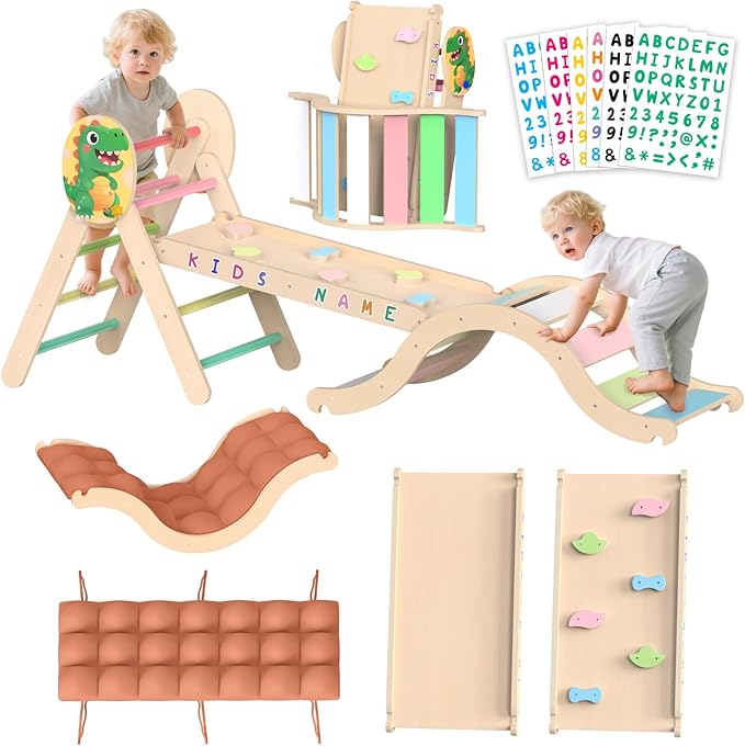 Acenova Pikler Triangle Climbing Set with Cushion and DIY Name Stickers, Montessori Wooden Climbing Gym for Toddlers, Indoor Jungle Gym, Dinosaur Pikler Triangle Arch Ramp Climber Toy