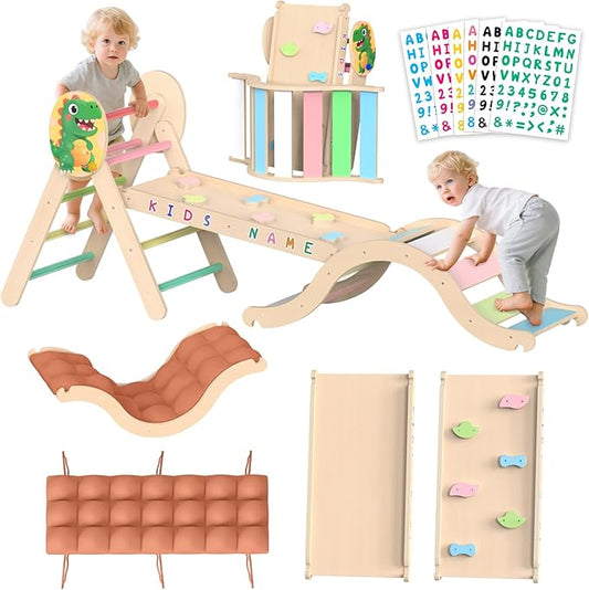Acenova Pikler Triangle Climbing Set with Cushion and DIY Name Stickers, Montessori Wooden Climbing Gym for Toddlers, Indoor Jungle Gym, Dinosaur Pikler Triangle Arch Ramp Climber Toy