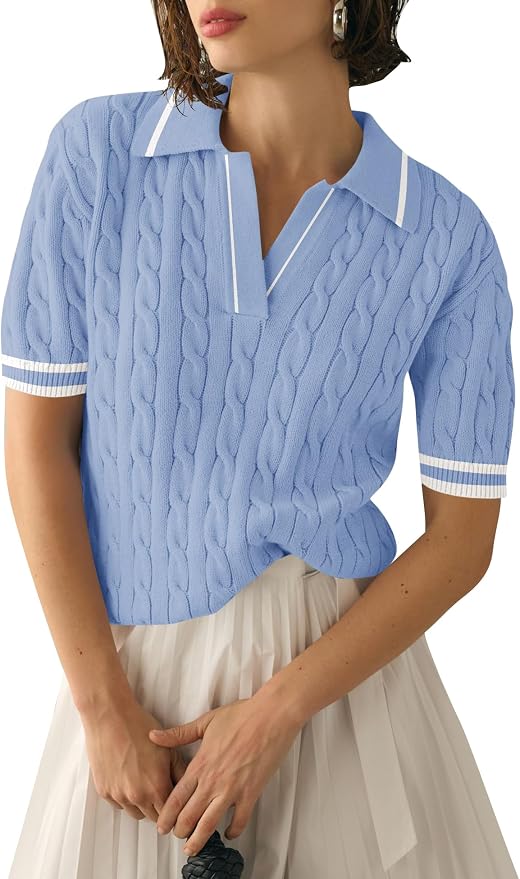 Micoson Womens Short Sleeve Sweater Tops Lapel V Neck Polo Shirts 2026 | Summer Cable Knit Loose Blouses, Business Casual Outfits