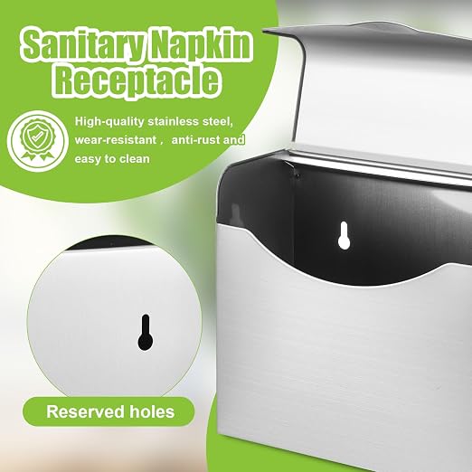 Tioncy 1 Pack Sanitary Napkin Disposal Receptacle with Feminine Hygiene Disposal Bag Stainless Steel Tampon Bin Trash Can Wall Mounted Waste Tampon Holder Feminine Hygiene Container (Silver)