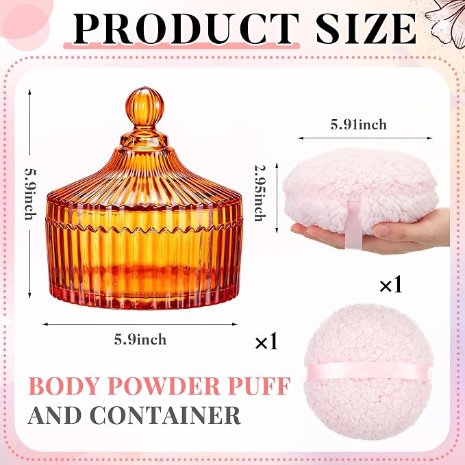 Tioncy 2 Pcs Extra Large Dusting Powder Puff and Container for Women-6'' Glass Crystal Dusting Powder Container with Body Soft Washable Reusable Velour Face(Orange,Classic)