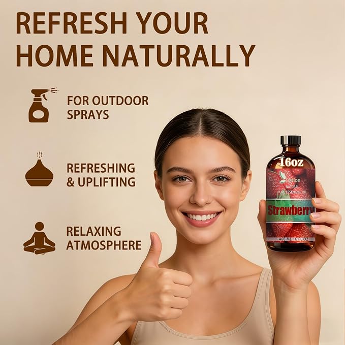 Strawberry Essential Oil - Strawberry Oil for Diffuser, 16 Fl Oz(480ml) | Candle Making, Soap Making, aroma, Strong Scent, Pure, Natural, Home Fragrance, Massage, Large Bottle