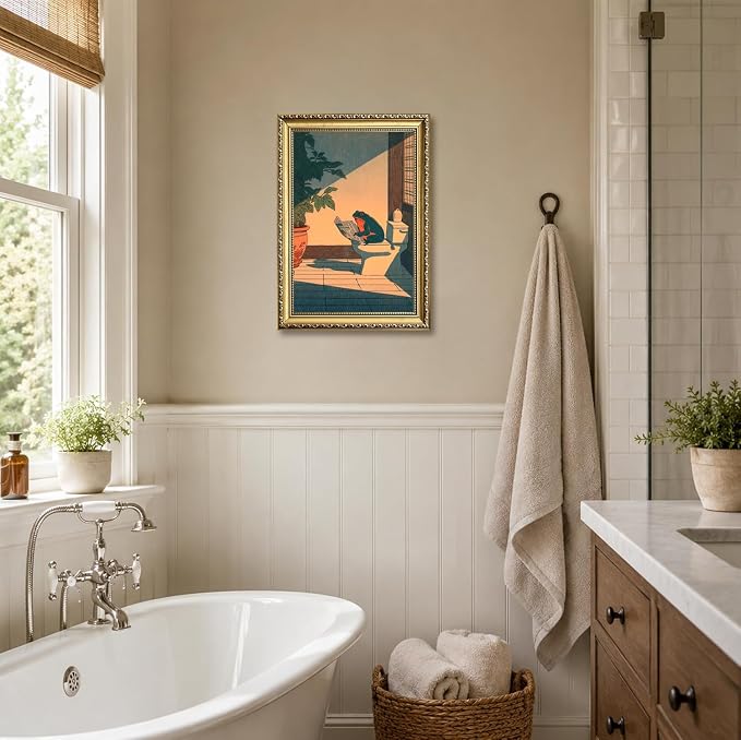 Funny Frog Bathroom Wall Art, Cute Japanese Frog in Toilet Wall Decor, Whimsical Green Animal Restroom Poster Canvas Painting Prints Artwork 12x16 inch Gold Framed