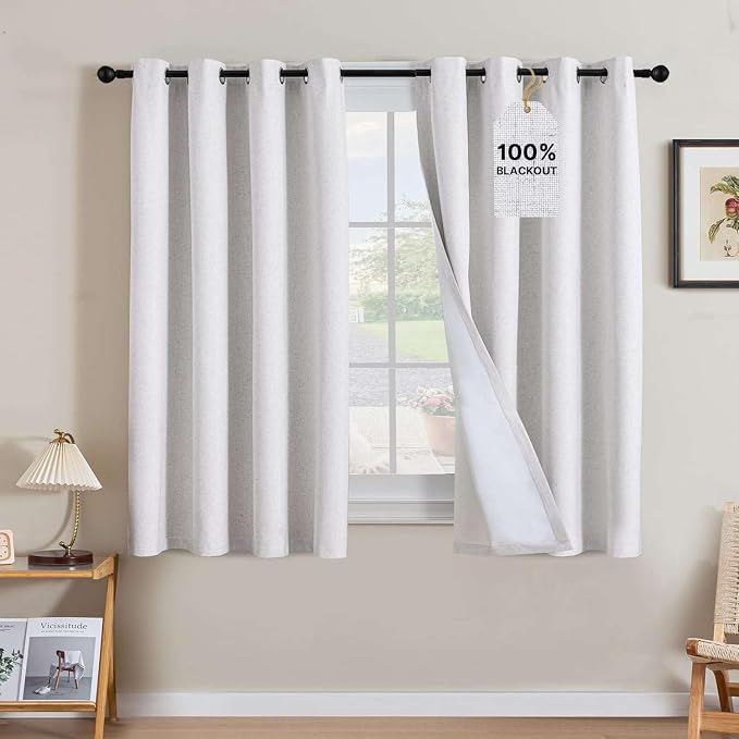 H.VERSAILTEX Linen Curtains 100% Blackout Curtains for Bedroom 54 inch Long Full Light Blocking Nature Linen Blended Window Curtains for Living Room Nickel Grommet (2 Panels, Heathered White)