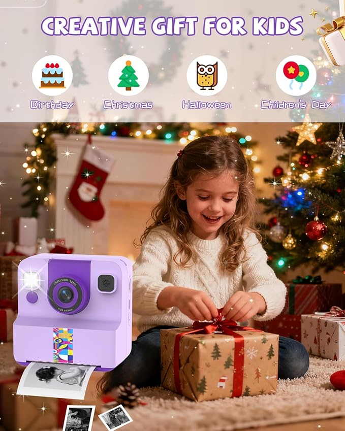 Kids Camera Instant Print, Digital Camera for Kids, 180° Rotating Selfie Lens with 32GB SD Card & 2 Rolls Printing Paper Kids Toy Birthday Gifts for Boys Girls Ages 3-12, Purple