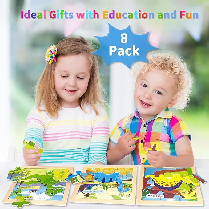 Wooden Puzzles for Toddlers, 9 Pieces Dinosaur Jigsaw Puzzles for Kids Ages 3-5 4-6, Preschool Learning Activities, Learning & Educational Toys, Gifts for Boys, Girls Ages (8 Pack)