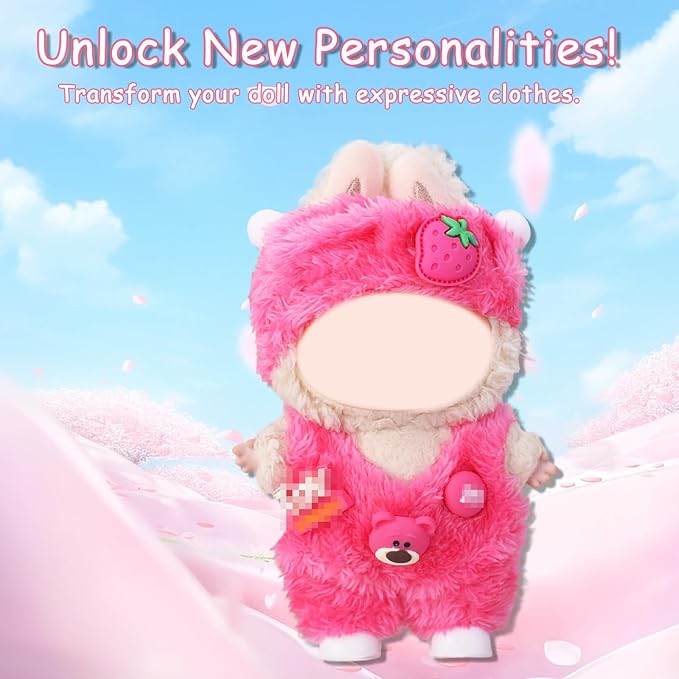 17cm Clothes Set(NO Doll),Hat & Overalls Set for 17cm Accessories Suit,Stylish Adorable Dolls Clothes Accessories,Cute Clothes for Dress up Unique Style (Pink Strawberry Bear)