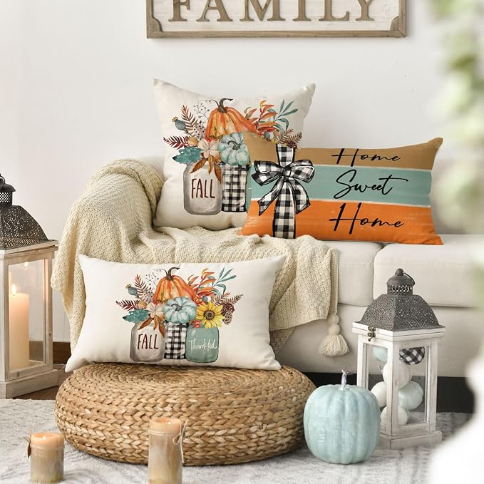 AVOIN colorlife Fall Pumpkin Home Sweet Home Throw Pillow Covers, 12 x 20 Inch Autumn Thankful Grateful Blessed Harvest Floral Decorations for Sofa Couch Set of 4, Blue