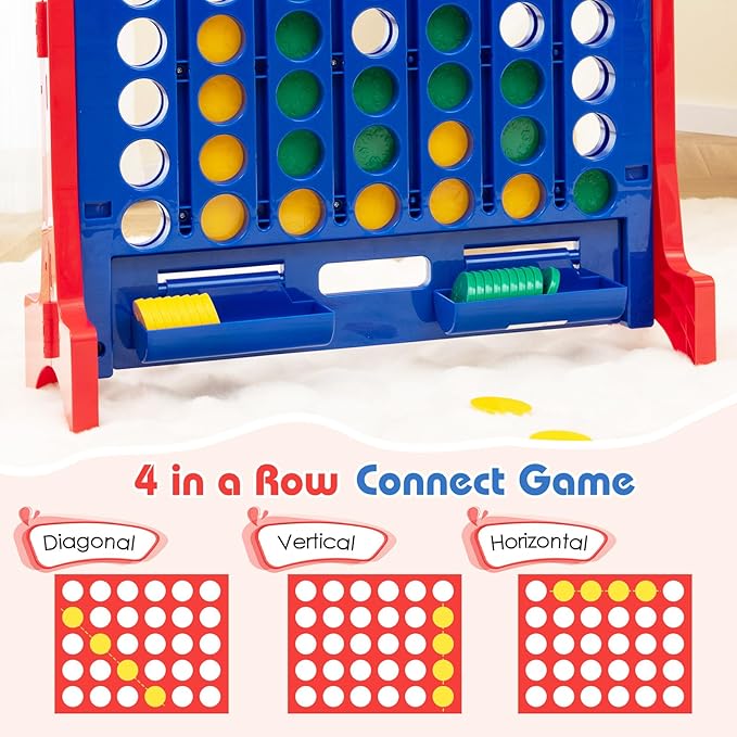 COSTWAY Giant 4 in a Row Game with Storage Carry Bag, Jumbo 4-to-Score Game with Chess, Quick Release Slider for Kids Adults, Indoor Outdoor Backyard Game Set, Free-Standing/Wall-mounting (Blue)