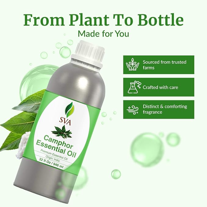 SVA Camphor Essential Oil 32 Fl Oz – for Diffuser, Skin & Hair Care – Ideal for Massage & DIY Blends