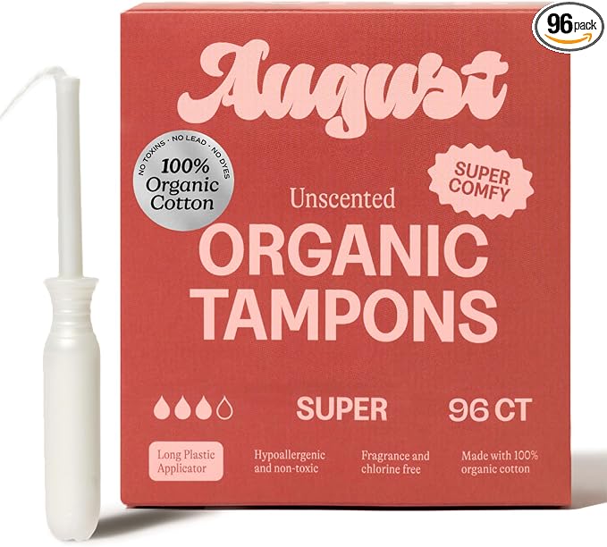 August Organic Cotton Tampons - Easy-Glide Long Applicators - 96 Super Tampons Made with Organic Cotton, Non-Toxic, Fragrance-Free, Chlorine-Free, and Hypoallergenic (6 Boxes of 16/12 Boxes of 8)