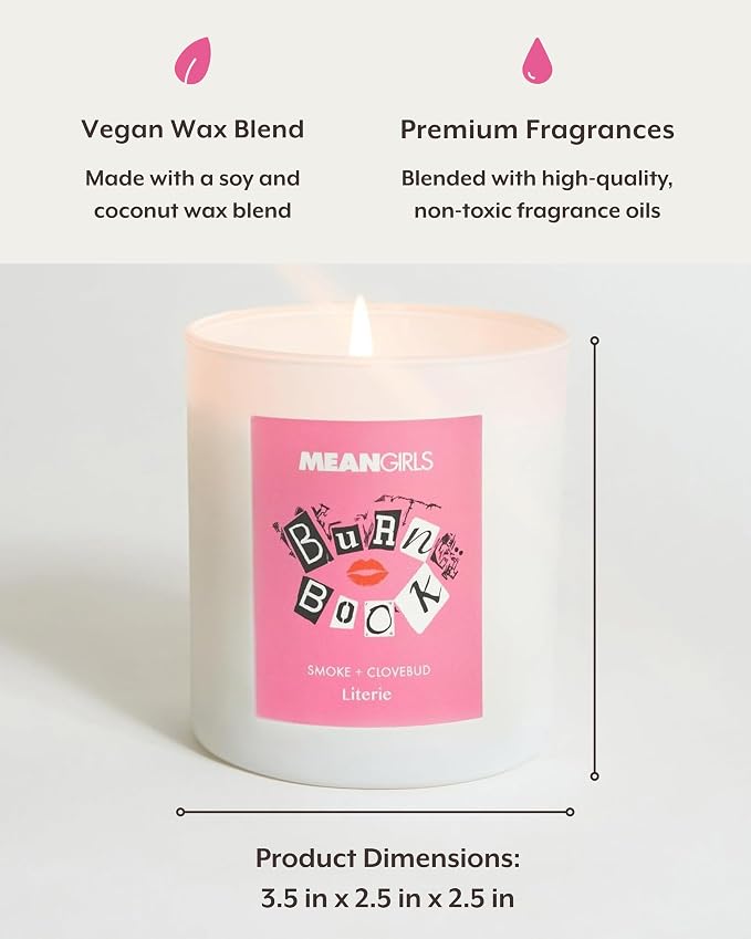 Literie Mean Girls Inspired Scented Candle: Burn Book - Smoke + Clovebud Scented, 9oz, 50 Hour Burn, Vegan Soy & Coconut Blend Candle for Home Decor, Gift for Women & Men