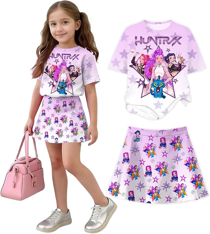 Girls 2-Piece Anime Outfit Set, Short Sleeve Graphic T-Shirt and Printed Skirt Set
