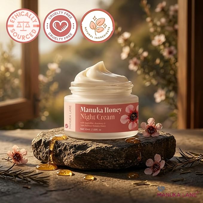 Manuka Lane Manuka Honey Night Cream for Face and Neck with Argireline, Rosemary, Sweet Almond Oil, & Vitamin A | Plant Based Formula | Carefully formulated to keep your skin young and healthy!