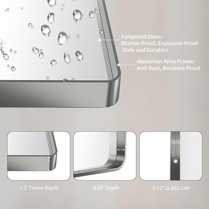 LOAAO 36X36 Inch Brushed Nickel Bathroom Mirror, Rounded Rectangle Silver Metal Frame Mirror, Brushed Nickel, Anti-Rust, Shatter Proof, Hangs Horizontally or Vertically | Rounded Rectangle, Silver Metal Frame, Anti-Rust, Tempered Glass, Hangs Horizonta...