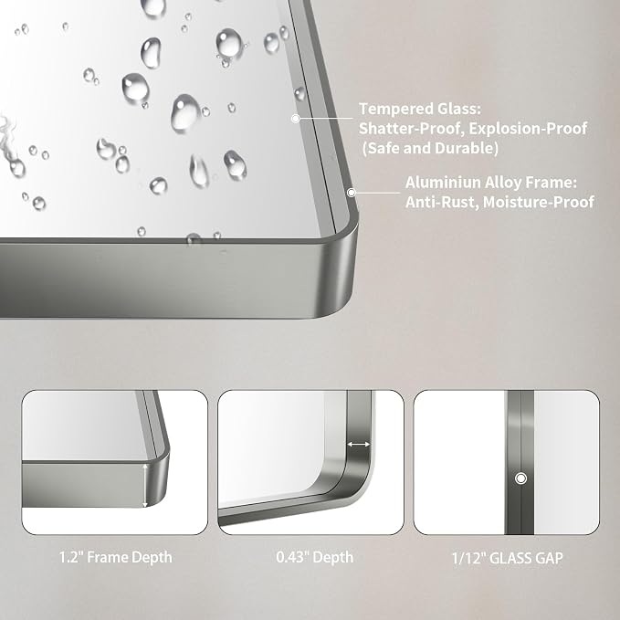 LOAAO 48X30 Inch Brushed Nickel Bathroom Mirror | Rounded Rectangle, Silver Metal Frame, Anti-Rust, Tempered Glass, Hangs Horizontally or Vertically
