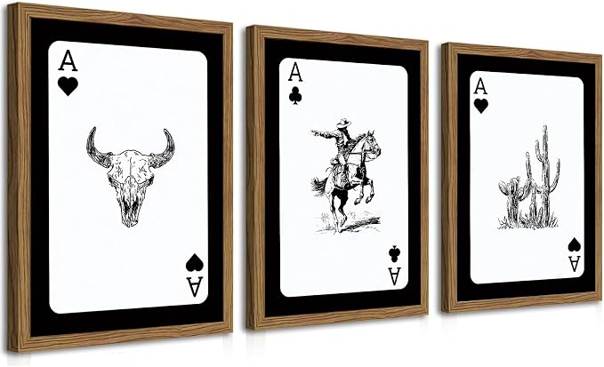 Western Cowboy Wall Art Set of 3 Cowboy Print Playing Card Inspired Southwestern Canvas Poster Trendy Western Wall Decor Longhorn Bull Skull Room Decor for Bedroom Living Room Framed 16x24 inch