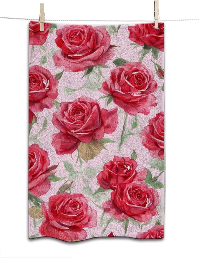 Red Roses Blossom Hand Towel Flower Green Leaf Floral Love Face Towels Suit Travel Sports Pool Swimming Bath Camping Spa Gym Yoga,15x30 Inch