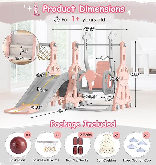 BIERUM Toddler Slide and Swing Set - Baby Slide for Toddlers Age 1-2, with Basketball Hoop, Indoor Outdoor Playset Pink Gray