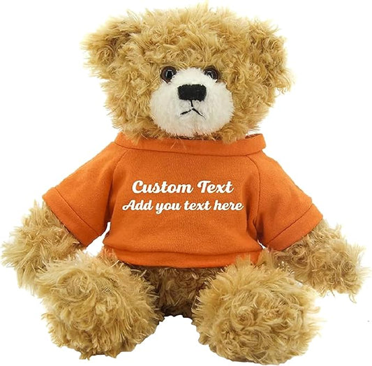 Customized Beige Brandon Bear - 12 inch Personalized Stuffed Bear Plush Toy - Perfect Custom Shirt Bear Gift for Graduation Valentines Graduation Easter Holidays (Orange Shirt)