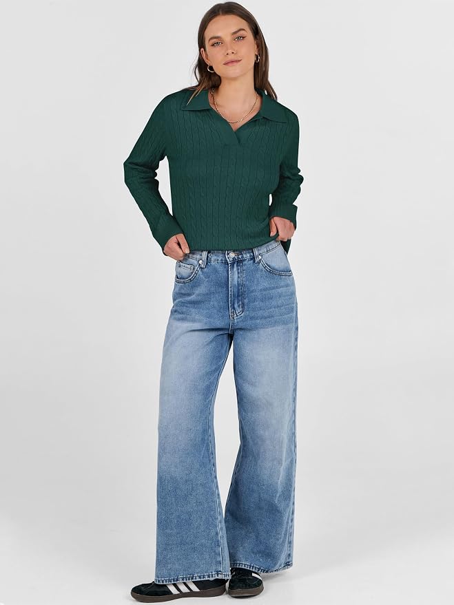 ANRABESS Womens Cable Knit Sweaters Long Sleeve V Neck | Pullover Collared Sweater Tops, Polo Knit Shirts, Business Casual Work, Tennis Golf, Fall Winter Fashion Outfits