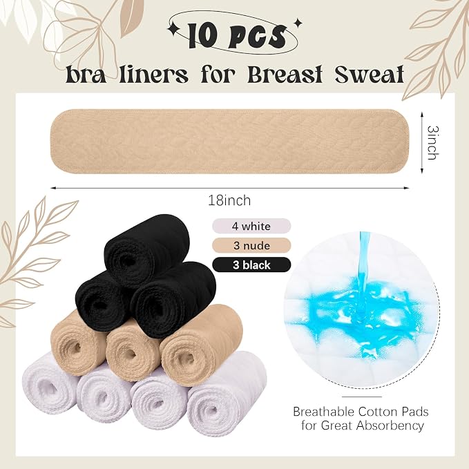 Toulite 10 Pcs Reusable Bra Liners for Sweat, 3 Layer Bra Sweat Pads, Soft Cotton Outer Layer with Polyester Fiber Core