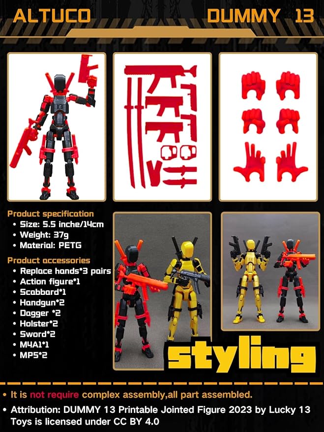 T13 Action Figure with Lots of Accessories,3D Printed Multi-Jointed Titan13 Figure,Red Dummy 13 Desktop Decorative Toy