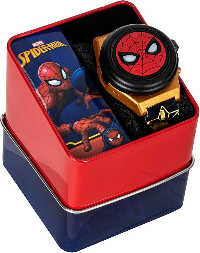 Marvel Spider-Man Kids' LCD Watch – Light-Up Flip Top Design with Glowing Eye Cover, Gold-Tone Accents, and Adjustable Silicone Strap – Durable and Fun for Ages 5+