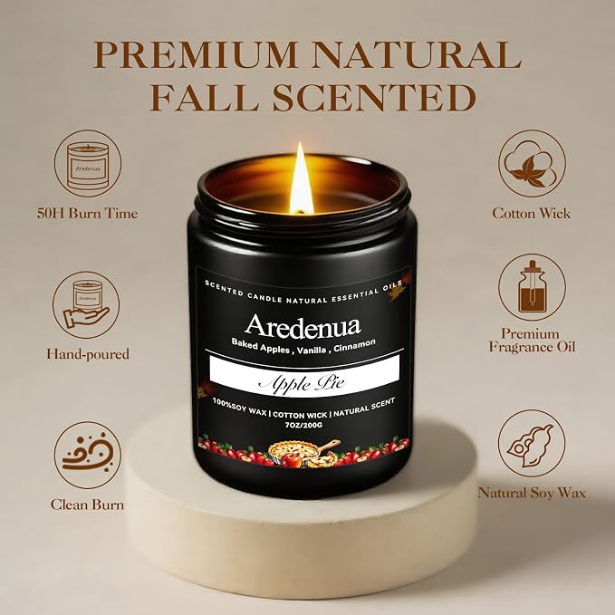 Fall Candle | Apple Pie Scented Candle - Autumn Seasonal Candles for Fall - 7oz Soy Candles for Home Scented, Thanksgiving Halloween Holiday Gift for Home - 50 Hours Long Burning -Black Jar