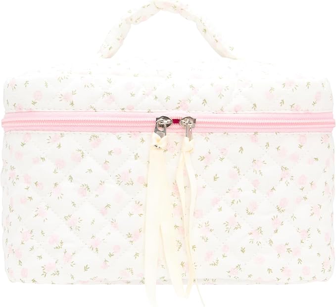 Quilted Makeup Bag Large Travel Zipper Soft Cosmetic Case for Women Girls Make Up,Little Flower Pink