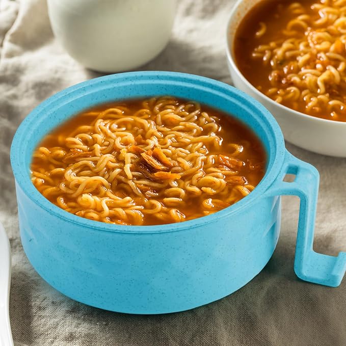 1 Set Microwave Ramen Cooker 40oz Wheat Straw Microwave Noodle Bowl Set with Chopsticks, Spoon, Fork, College Dorm Office Apartment Essentials (Sky Blue)