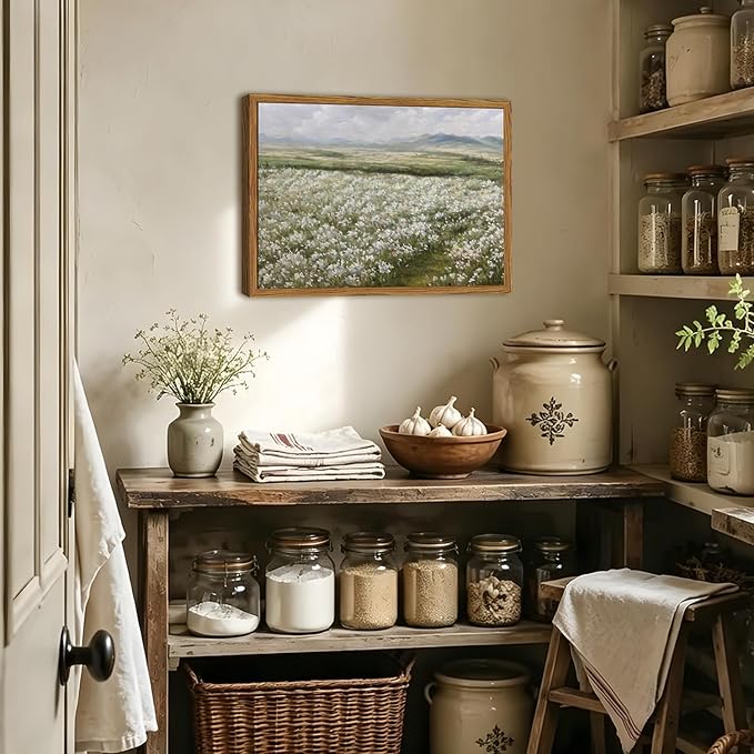 Framed Vintage Landscape Wall Art, Country Wildflower Field Pictures Wall Decor, Rustic Nature Flower Paintings Canvas Prints Farmhouse Home Decor for Living Room Bedroom Bathroom 12x16 inch