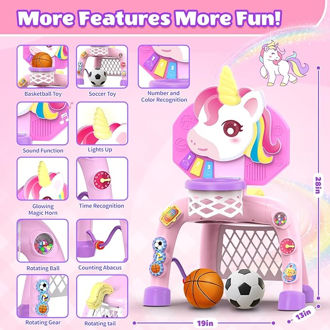 Toddler Basketball Hoop & Soccer Goal,Toys for 1 2 3 Year Old Girls, Baby Girl Sports Toy with LED Light Sound Music, Baby & Toddlers Unicorn Toys for 1-2-3 Year Old Girl Christmas Birthday Gifts