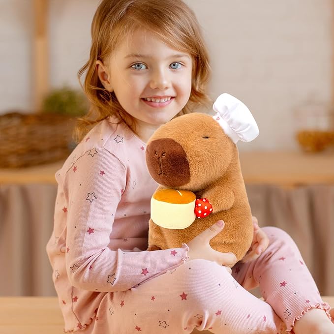 9" Capybara Stuffed Animal Wear Chef Hat Holding a Cake Cute Stuffed Capybara Plush Toy Gifts for Kids Boys Girls