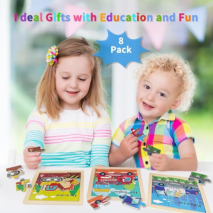 Wooden Puzzles for Toddlers, 9 Pieces Vehicle Jigsaw Puzzles for Kids Ages 3-5 4-6, Preschool Learning Activities, Learning & Educational Toys, Gifts for Boys, Girls (8 Pack)