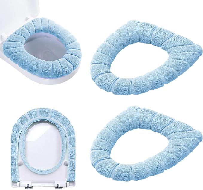 2 PCS Soft Thicker Plush Bathroom Toilet Seat Cover Pads Stretchable Washable Cloth Design for Universal Fit O/U/V/Rectangular Toilets (Blue)