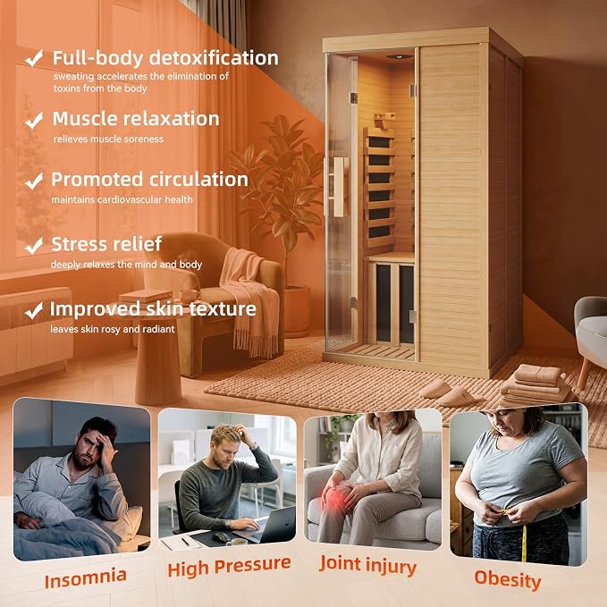 Infrared Sauna for Home, Sauna Spa Room Canadian Hemlock Wood with 10-Color Light , Bluetooth Speakers, Tempered Glass & Control Panel - 149℉ Heating, Indoor Dry & Steam Sauna – 33.5" x 33.5" x 67"