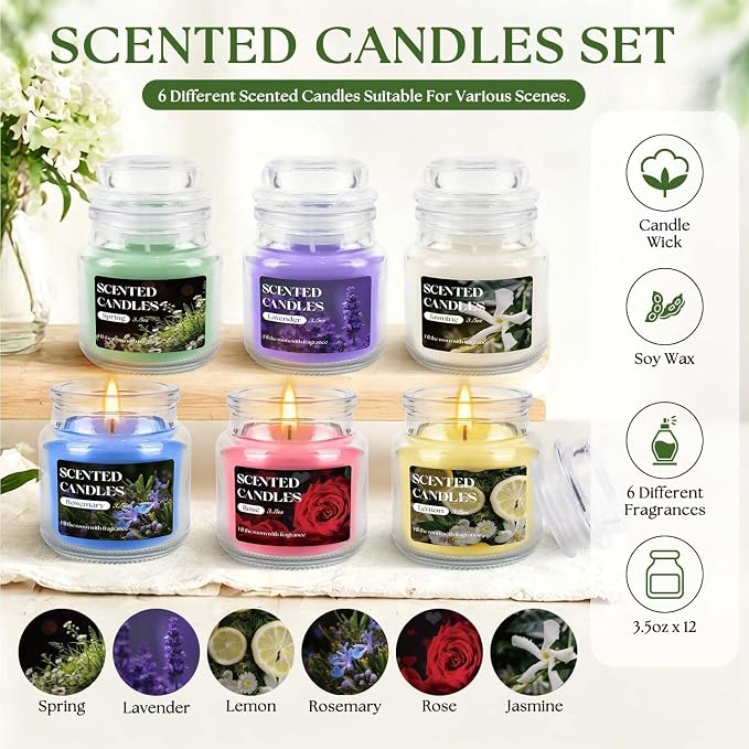 12 Pack Scented Candles Set - 3.5oz Soy Wax Aromatherapy Candles with 6 Fragrances, Long Burning Glass Jar Candles for Home Bedroom Kitchen Bathroom Dining, Gift Set for Women Men